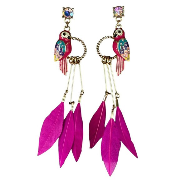 Parrot Statement Earrings Hot Pink Feathers Bird Gold-Tone Dangle Betsey Johnson - Picture 4 of 8